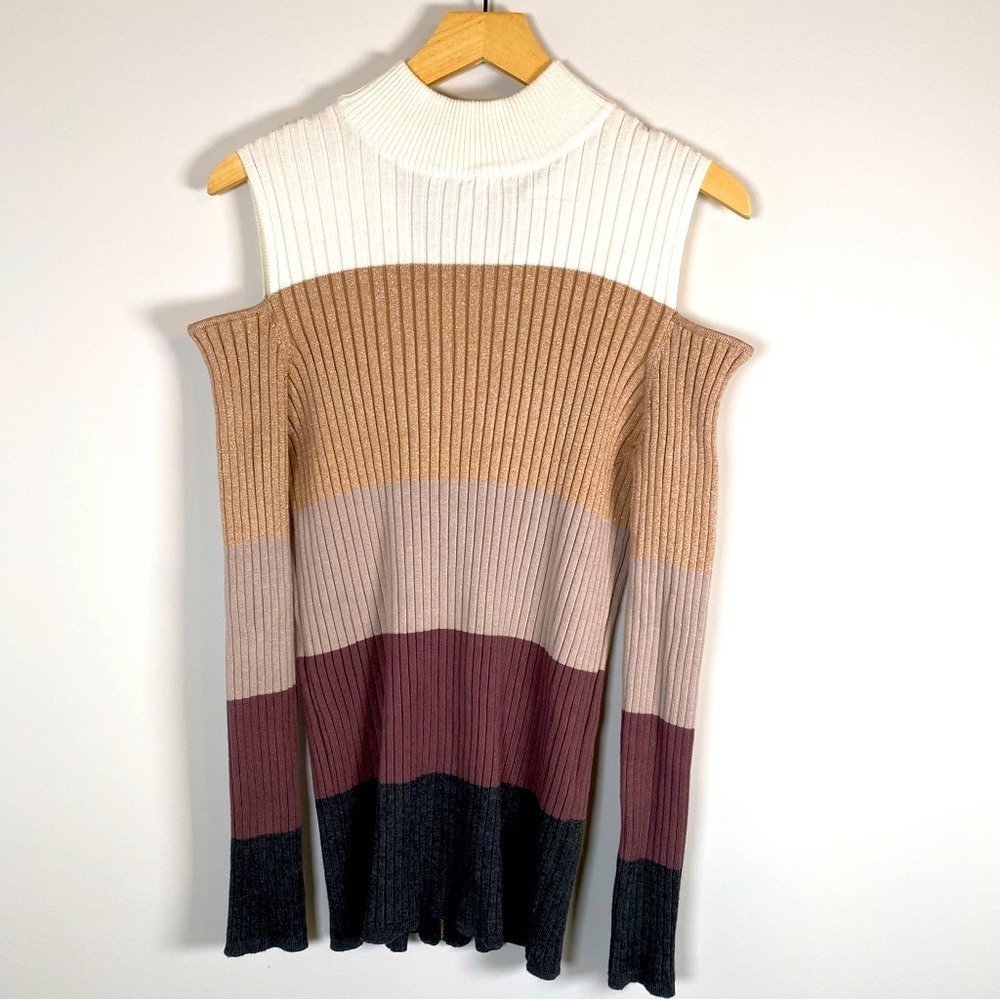 Chico's Striped Color Block Ribbed Cold Shoulder Mock Neck‎ Sweater Size 1 (NWT)